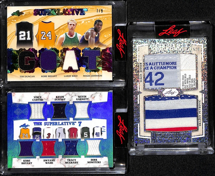 Lot of (3) 2023 Leaf Superlative Basketball Multi Player Patch Cards inc. Duncan/Bryant/Bird/Johnson Quad (#/9), +